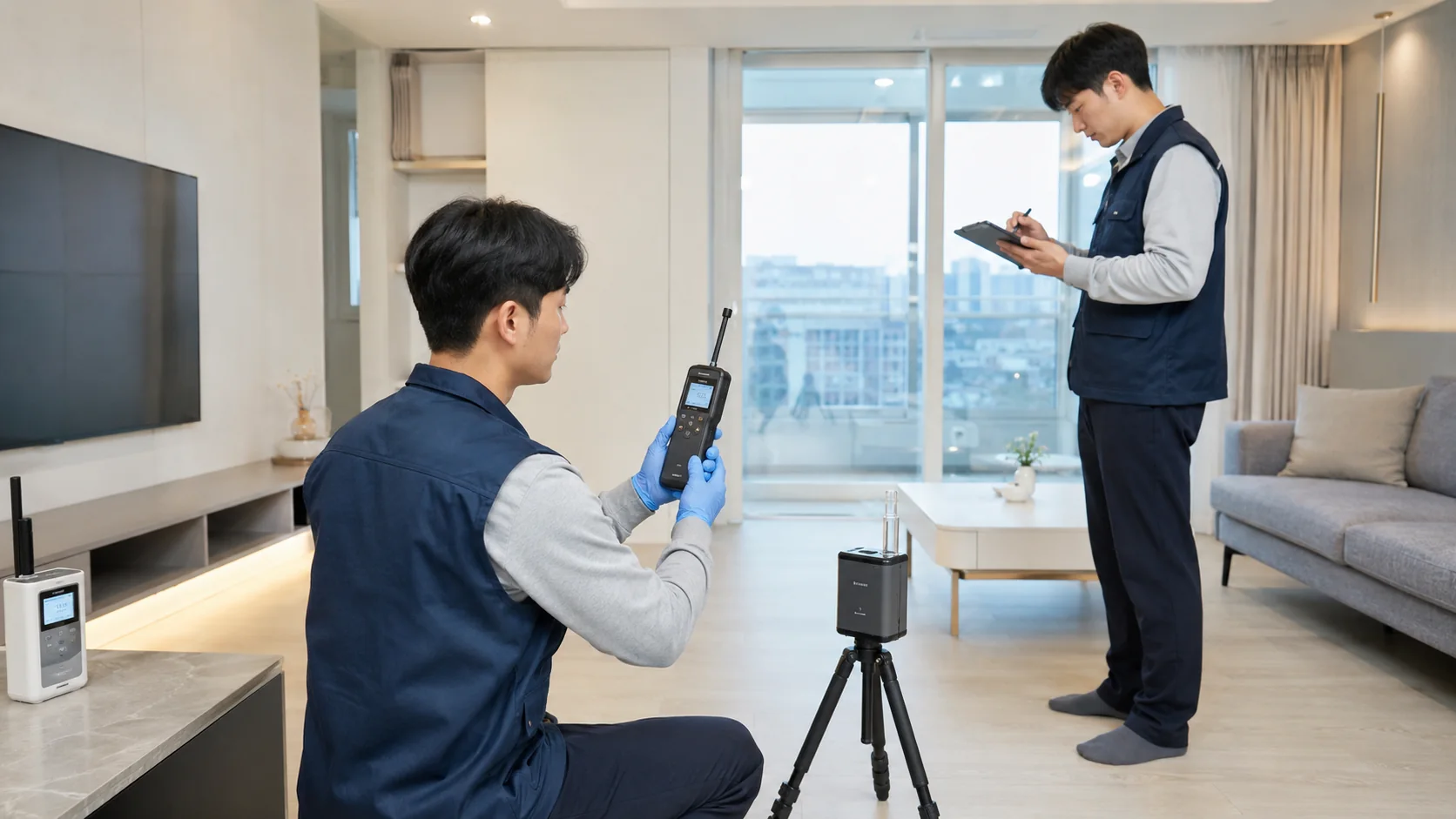 입주 전 거실에서 공기질 측정 결과를 기록하는 모습