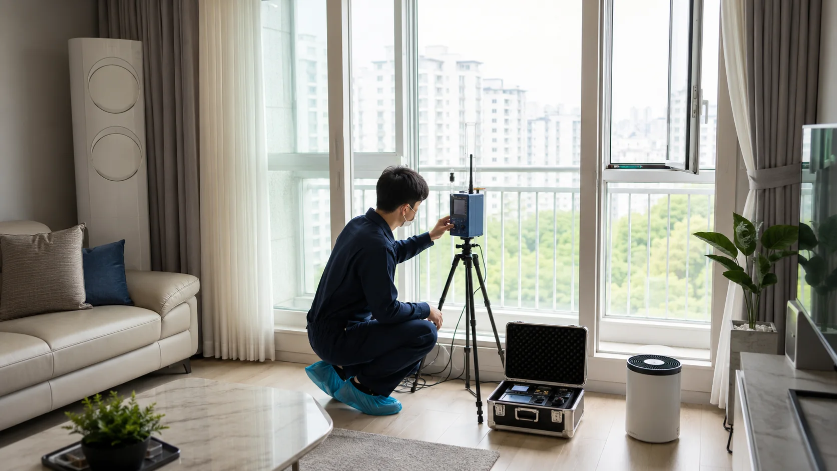 입주 전 거실에서 공기질 측정 장비를 설치하는 모습