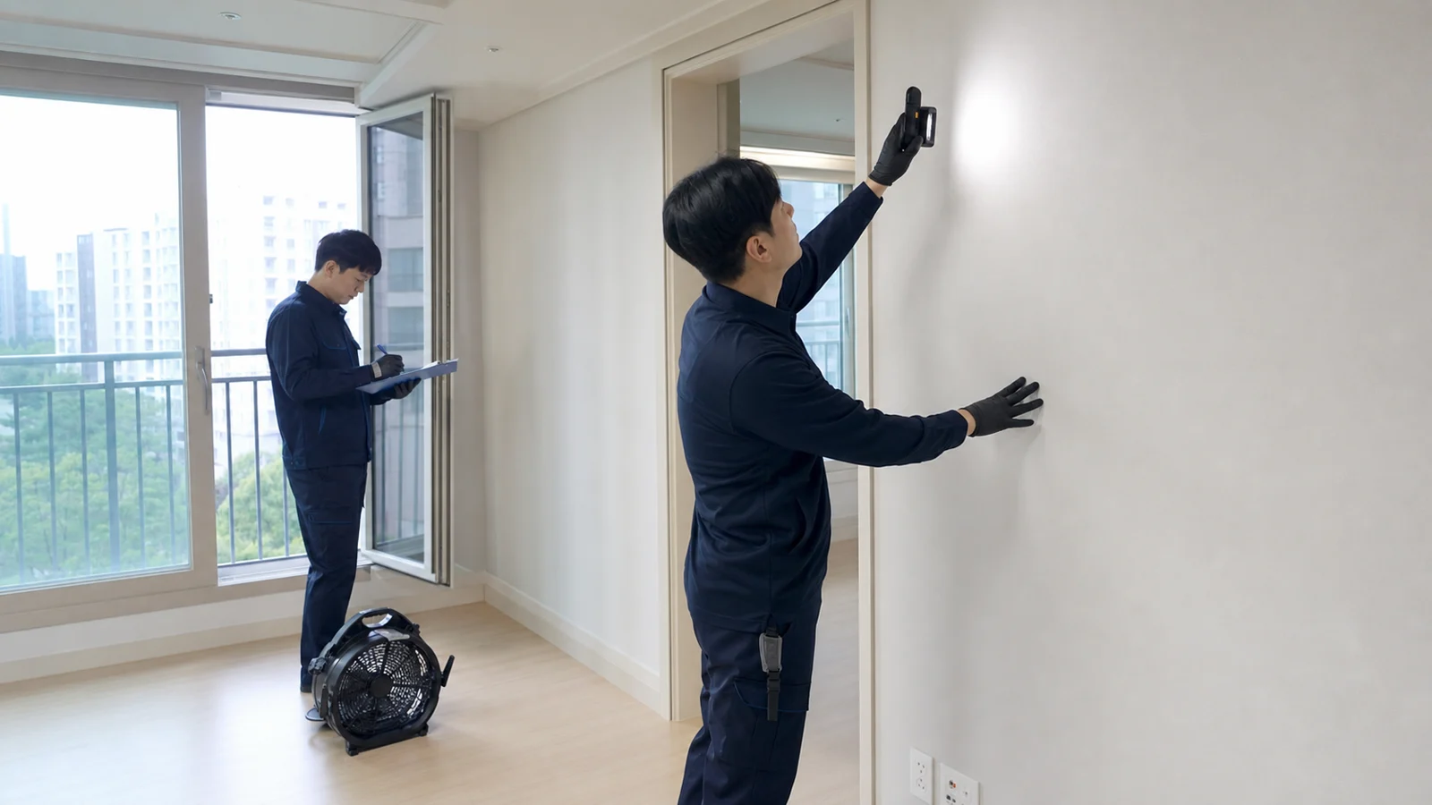 광촉매 코팅 후 표면과 건조 상태를 점검하고 환기하는 모습